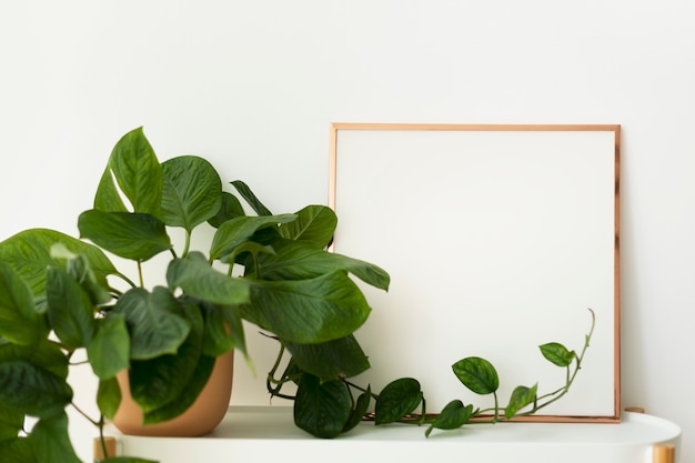 Free photo blank frame next to a potted plant home decor