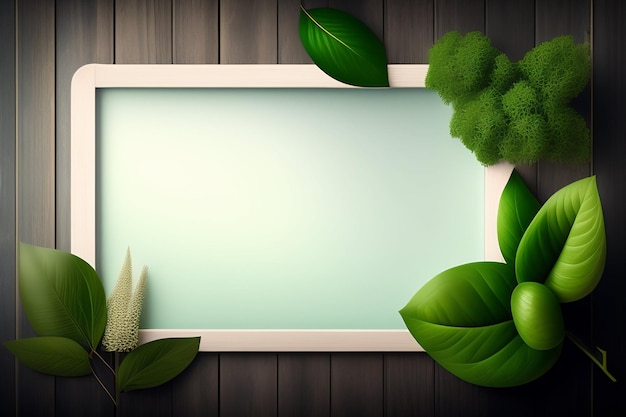 A blank frame with green leaves and a white frame