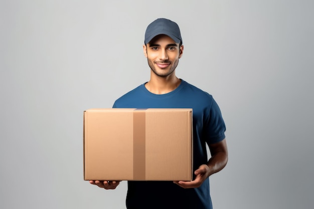 Blank image of a cardboard box with a delivery man wearing a cap on a grey background