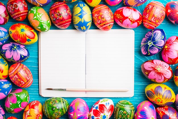 Blank notebook surrounded by easter eggs