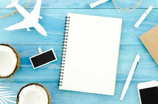 Blank notebook with toy plane and coconuts