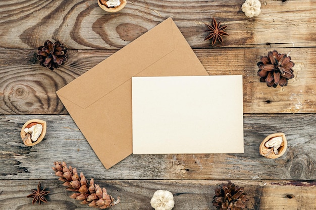 Blank paper concert cones and spices on a wooden background flat lay