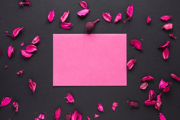 Blank paper with flower petals on table