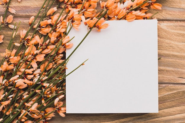 Carta bianca con i fiori sulla superficie in legno