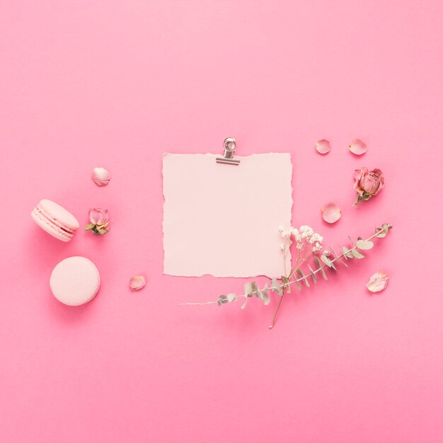 Blank paper with macaroons and flower branches 