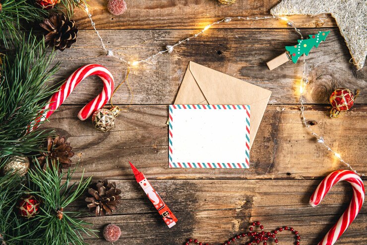 無料Photo 白紙のはがき封筒と木製の背景コピー スペースにクリスマスの装飾