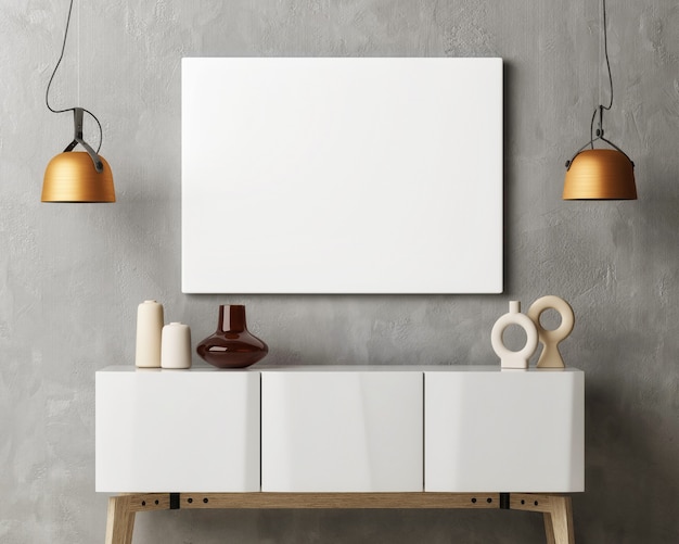 Blank poster with chest drawer and home decoration