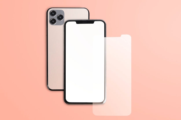 Blank rose gold phone on peach background