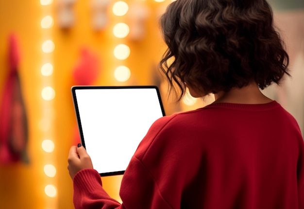 Free photo blank screen image of pro tablet held by a woman on her back on a coloured background