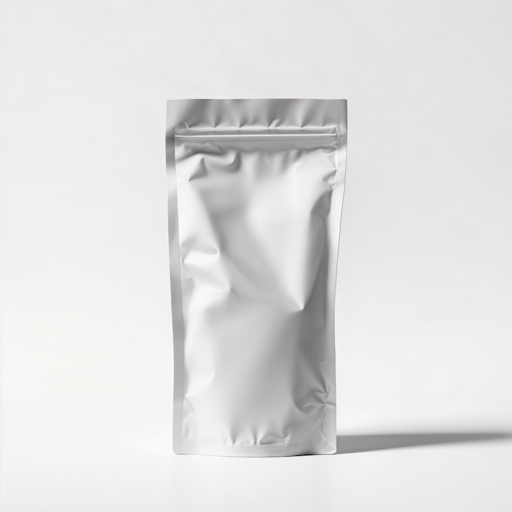 Free Photo blank silver foil pouch mockup isolated on white background