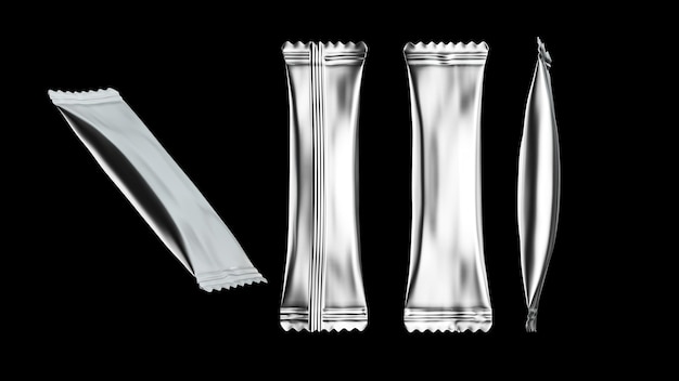 Пустые серебряные металлические пакеты с длинными конфетами из фольги для дизайна упаковки. 3d иллюстрация