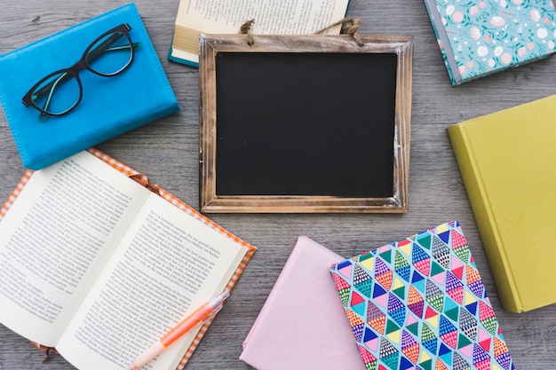 Blank slate surrounded by books