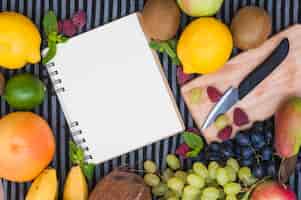 Free photo blank spiral notepad surrounded with colorful fruit and knife on chopping board