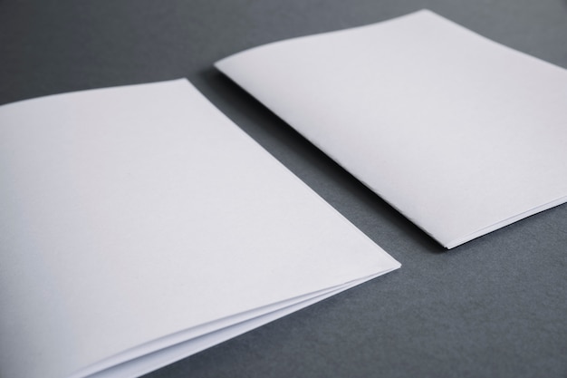 Foto gratuita concetto di cancelleria in bianco con due opuscoli