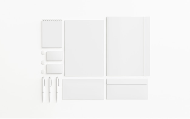 Blank stationery set isolated on white, 3d render.