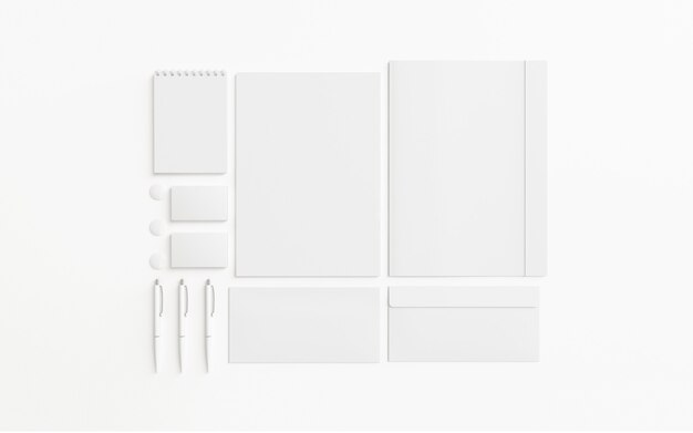 Blank stationery set isolated on white, 3d render.