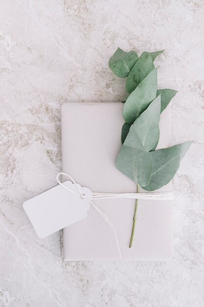 Blank tag tied on white package with twig on marble background