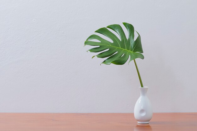花瓶 屋内植物のモックアップにモンステラの葉を持つ空白の壁 プレミアム写真
