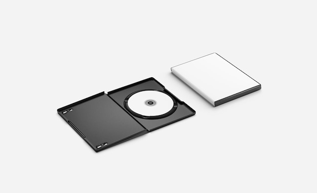 空白の白の開閉dvdディスクケースモックアップ横になっている、3dレンダリング。空のコンパクトなスリムボックスモックアップ、側面図、トールケースmokcupテンプレートのクリアビデオディスク。