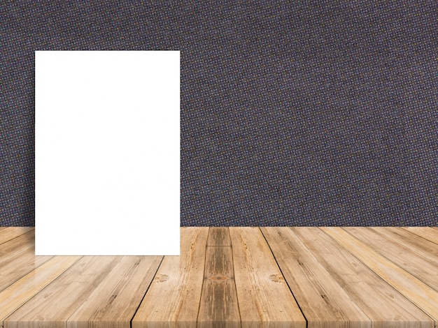 Blank white paper poster at tropical plank wooden floor and paper wall, Template mock up for adding your content,leave side space for display of product