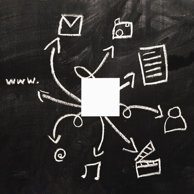 Blank white paper on web icon set drawn on chalkboard