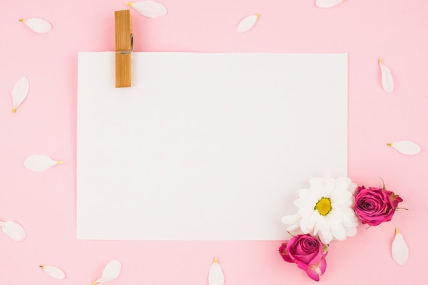 Blank white paper with clothespin and flowers on pink background