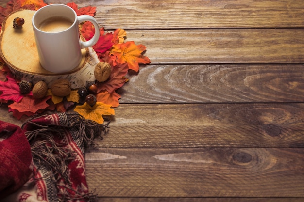 Blanket and coffee near leaves and nuts