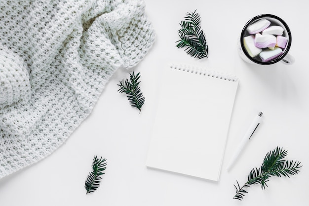 Blanket and hot chocolate near conifer twigs and notebook