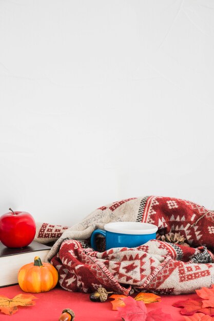 Blanket and mug near book and fruits