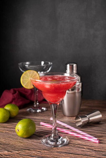 Blend of cocktails in glasses with ice cubes and straws