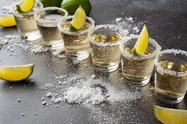 Blend of cocktails in glasses with lime and salty rims