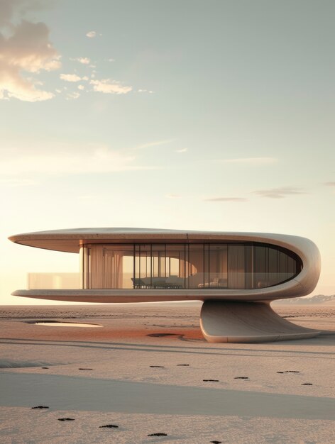 Футуристическое здание плавно вписывается в пустынный ландшафт.