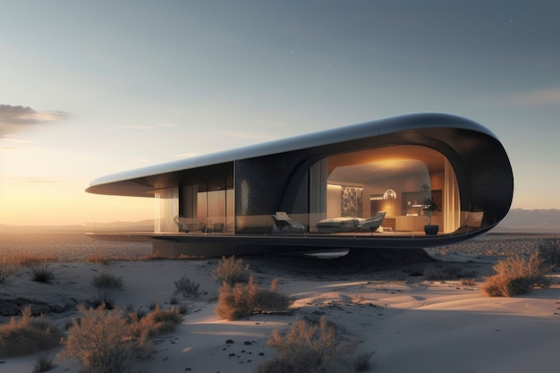 무료 사진 미래주의적인 건물이 사막의 풍경과 완벽하게 여 있습니다.
