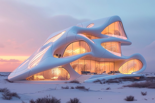 Un edificio futuristico che si fonde perfettamente con il paesaggio del deserto.