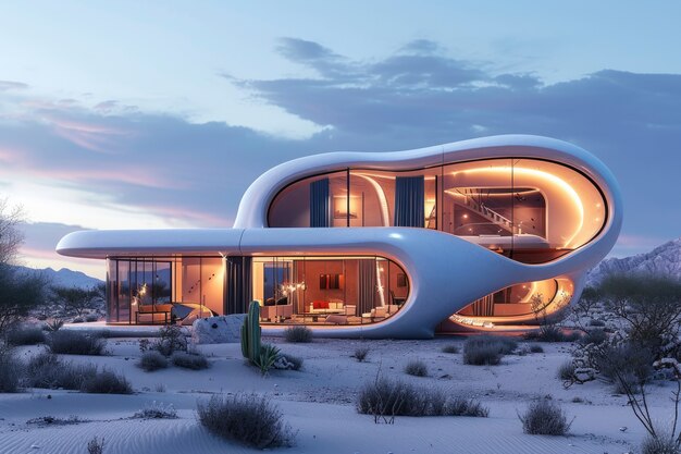 미래주의적인 건물이 사막의 풍경과 완벽하게 여 있습니다.