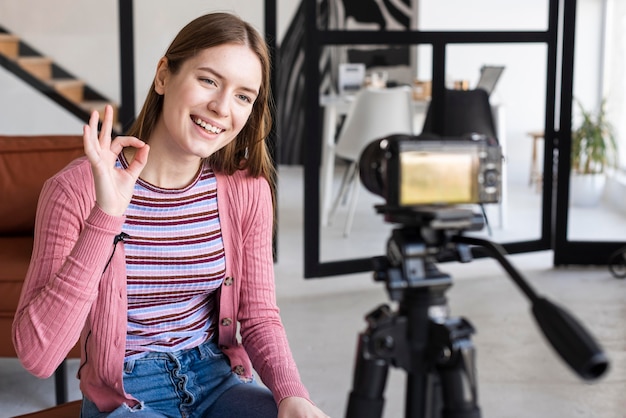 Blogger talking to camera and doing ok