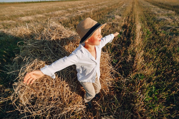 フィールドで干し草をジャンプ楽しんで金髪の少年。夏、晴天、農業。幸せな子供時代。田舎。