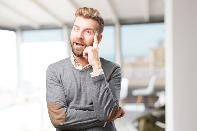 blond man. happy expression