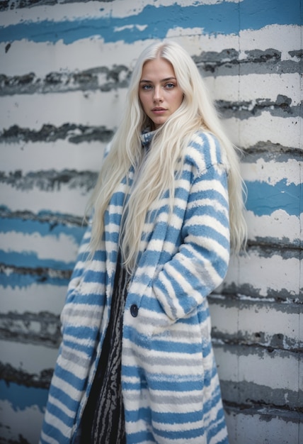 Free photo blonde girl with long striped coat at the street