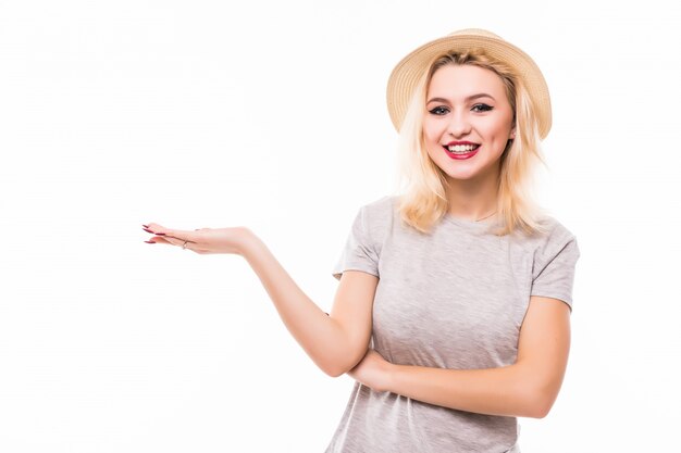 Blonde Woman in retrohat holds her right arm in air