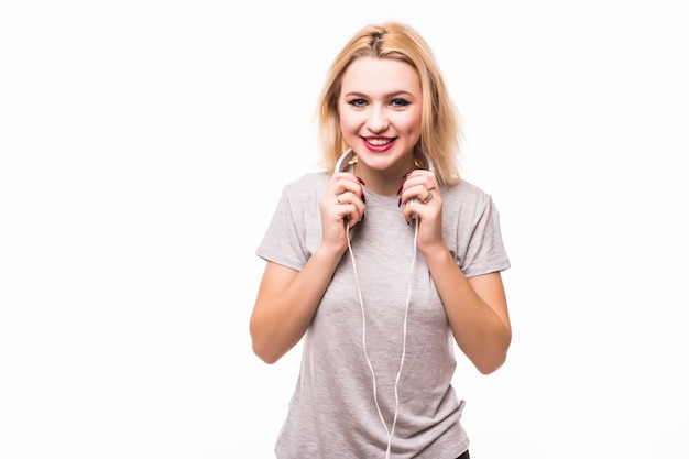 Blondie is very happy with her new white headphones