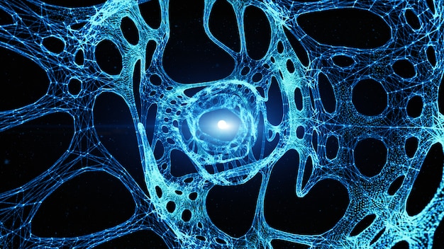 ブルー抽象的なテクノロジートンネルとデジタル粒子の流れ デジタルサイバースペース プレミアム写真