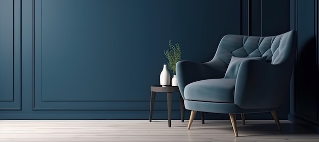 거실 내부의 파란색 벽에 파란색 안락의자 복사 공간이 있는 우아한 인테리어 디자인 Ai 생성
