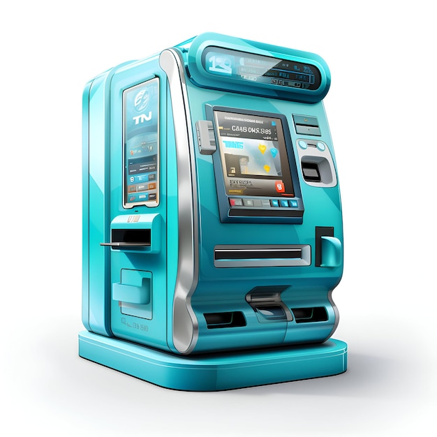 Free photo blue atm on a white background 3d render image with clipping path