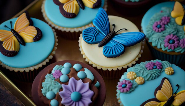 Blue background ornate multi colored cupcakes in foreground generated by AI