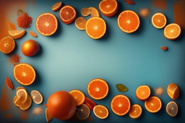 A blue background with oranges and some leaves and a blue background