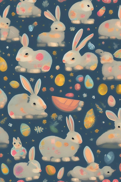 Free photo a blue background with a pattern of rabbits and eggs.