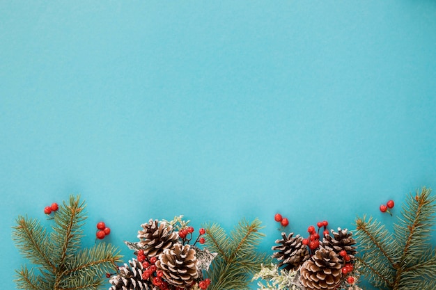 Blue background with pine leaves and cones