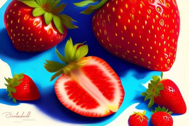 A blue background with a red strawberry and a green leaf.