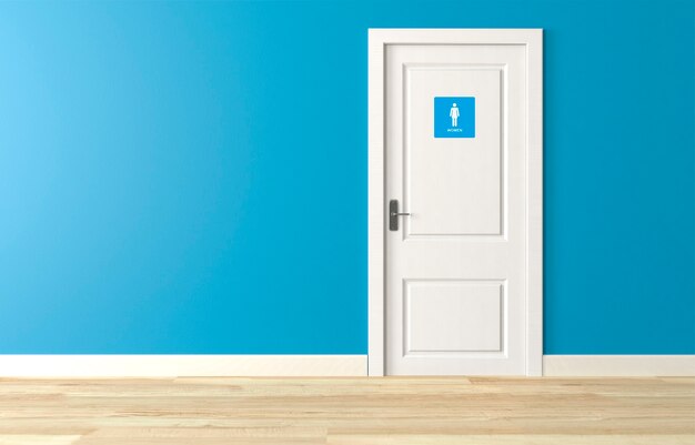 문에 파란색 욕실 표지판